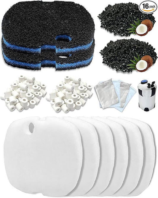 16-Piece Filter Media Replacement for SUNSUN HW-302 Canister Filter (264 GPH), Includes 6 Filter Pads, 2 Activated Carbons, 2 Ceramic Rings & 4 Mesh Bags, for Freshwater & Saltwater Aquariums