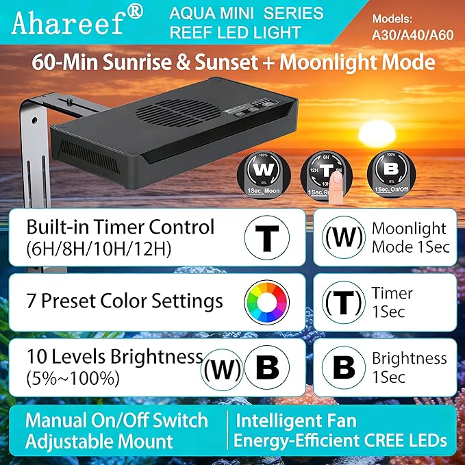 60W Full Spectrum Reef LED Light for Coral – Dimmable Saltwater Aquarium Light for SPS & LPS with Sunrise, Sunset & Moonlight – Nano Reef Tank 20–36" Up to 60 Gallons