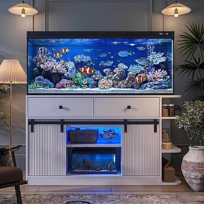 55-75 Gallon Fish Tank Stand with LED Light & Power Outlet, 55.1" Heavy Duty Aquarium Stand with Sliding Fluted Doors, Shelves and Cabinets for Turtle Tank/Reptile Terrarium, 1200LBS Capacity, White