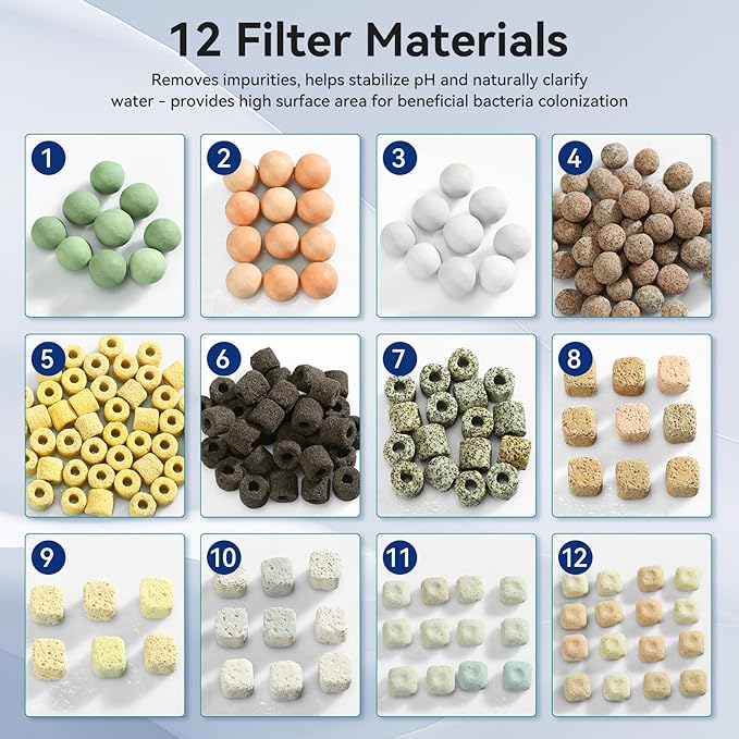 12-in-1 Aquarium Filter Media for Freshwater & Marine Tanks, Bio Filter Mix with Ceramic Rings & Bio Balls, Helps Maintain Clear Water for Sump, Pond & Koi Fish Tanks