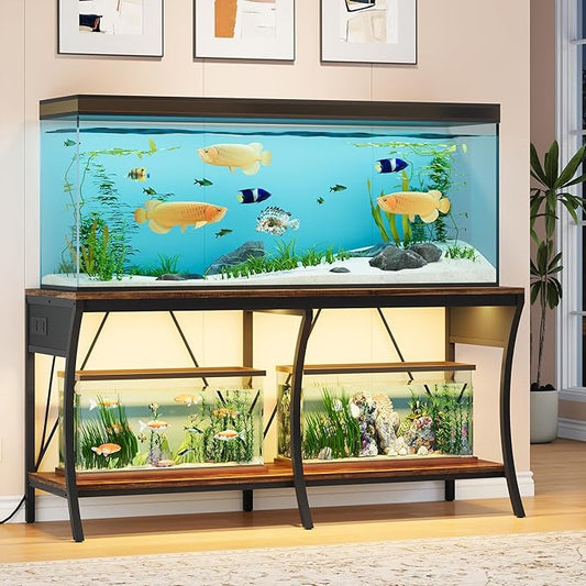 55-90 Gallon Fish Tank Stand with Power Outlets, 2-Tier Aquarium Stand with LED Light Strip & Open Storage Shelves, Heavy Duty Metal Table for Reptile Tank, 1150 LBS Capacity