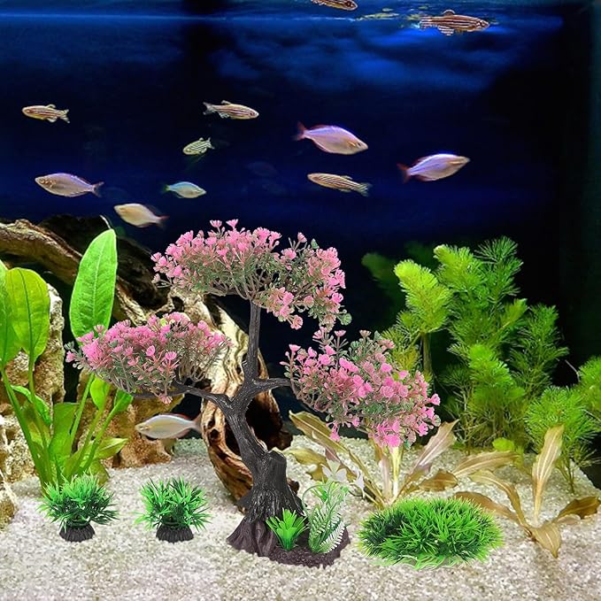 Milisten Artificial Aquarium Plants, Plastic Fish Tank Plants, Tall Fish Tank Decorations, Pink Cherry Blossom Tree Greenplant, Aquarium Decor Goldfish Betta Hides Accessories