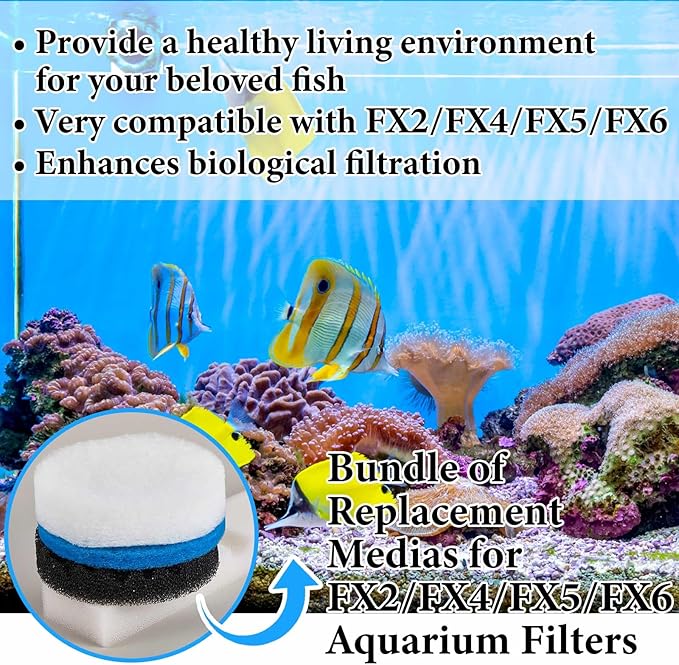 Threlaco 34 Pcs Aquarium Filter Media Kit Compatible with Fluval Fx2 Fx4 Fx5 Fx6, Including 6 Foam Block, 6 Packs Activated Carbon, 4 Mesh Bags, 10 Foam Pads, 6 Water Polishing Pads, 2 Silicone Lube