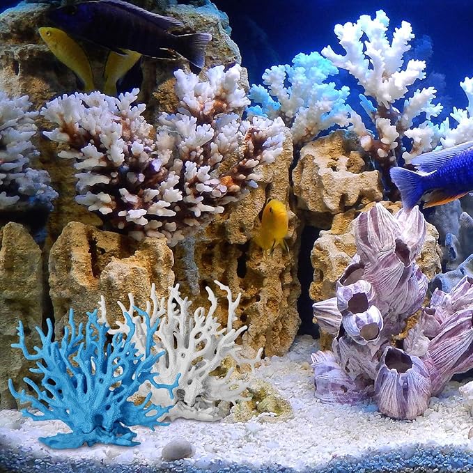 2 Pack Artificial Coral Reef Decor for Aquarium Blue and White Fish Tank Decorations for Landscaping Cute Plastic Ornaments for Terrarium