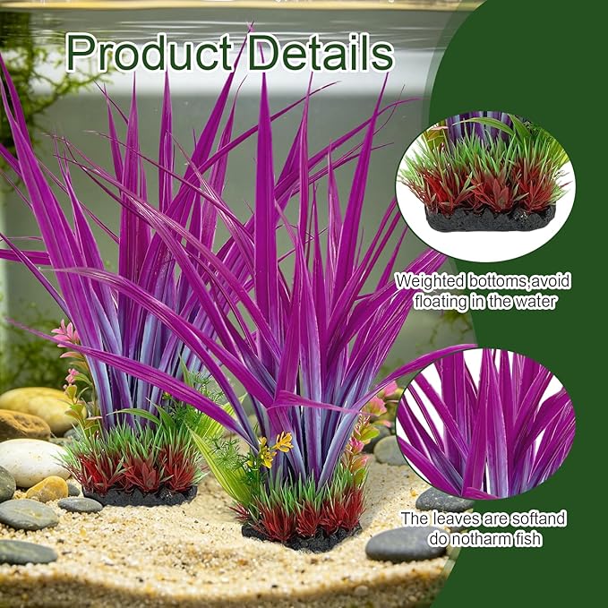 Aquarium Plants Plastic, 2-Pack 15.35" Tall Artificial Fish Tank Plants, Aquarium Fishbowl Decorations Ornament Safe for All Fish, Deep Lavender Tone