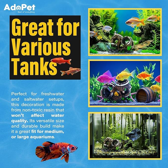 Colorful Resin Fish Tank Ornament with Multiple Hiding Spots, Safe Shelter for Small and Medium Aquariums, Stress-Relief Underwater Decor, Easy to Clean (2 Oak Barrels)