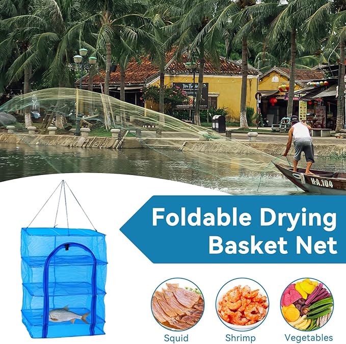 HERCHR Foldable Fish Drying Net, Collapsible Laundry Rack Net with Zippers 3 Layers Meat Drying Net Drying Rack Net Folding Fish Mesh for Shrimp Fish Fruit Vegetables