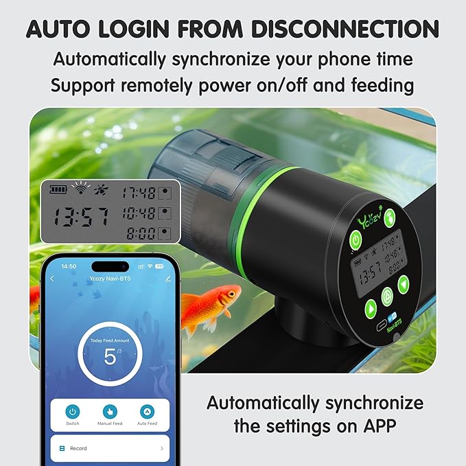 Ycozy WiFi Automatic Fish Feeder for Aquarium with Remote APP Control, Plug Powered, with Plug & USB-C Cable Vacation Auto Fish Food Dispenser for Small Tank/Betta/Turtle