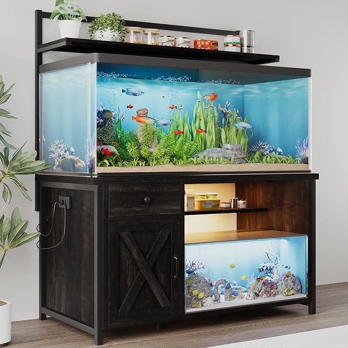 55-75 Gallon Fish Tank Stand with Power Outlet, Led Light, Heavy Duty Aquarium Stand with Cabinet for Fish Tank Accessories Storage, Shelf, for Turtle Tank, Reptile Terrarium, 1100 LBS (Oak)