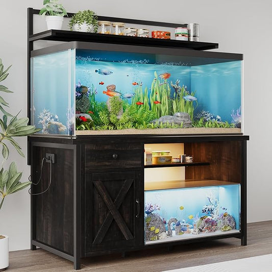 55-75 Gallon Fish Tank Stand with Power Outlet, Led Light, Heavy Duty Aquarium Stand with Cabinet for Fish Tank Accessories Storage, Shelf, for Turtle Tank, Reptile Terrarium, 1100 LBS (Oak)