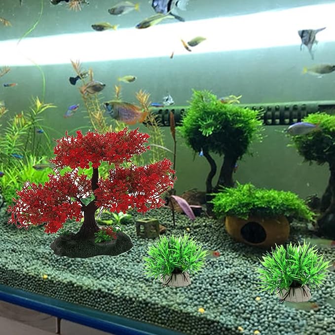 Aquarium Tree Trunk Large Plants Decorations, 5pcs Simulation Resin Cherry Blossom Tree & Aquatic Plants Aquarium Decor, Goldfish Tank Decorations Set, Fish Tank Hides Tree Decoration Kit (Red)