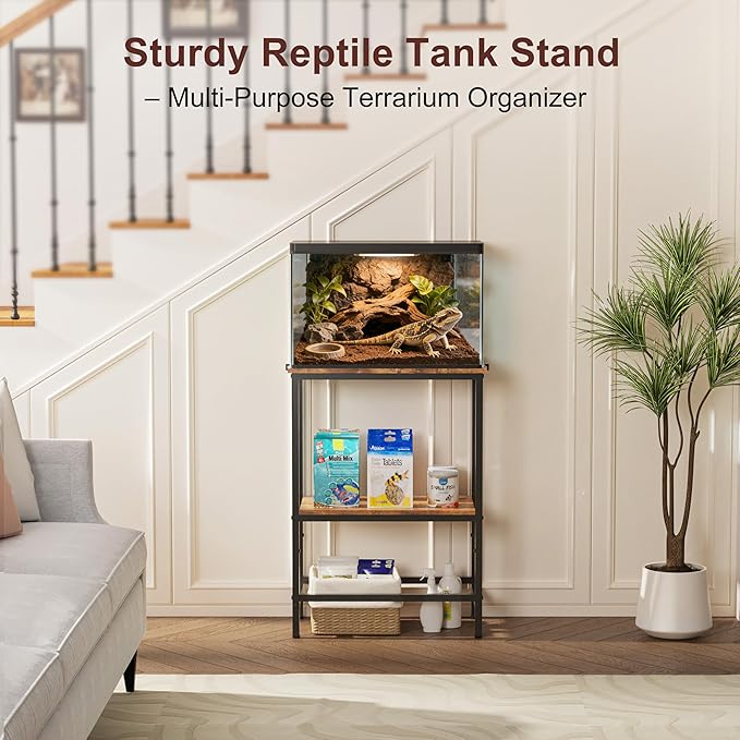 5-10 Gallon Fish Tank Stand, Aquarium Stand with 2-Tier Storage Shelves, Heavy-Duty Reptile Terrarium Stand Table with One-Piece Top for 10 Gallon Standard Model, 21.2" L x 11.8" W x 29.3" H (Brown)