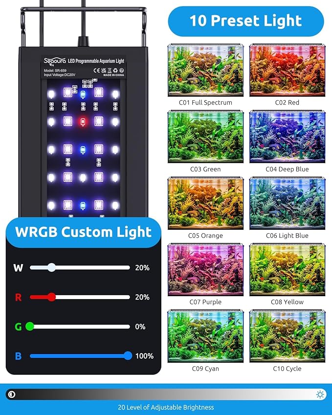 SEAOURA Aquarium LED Light with Thermometer, 30-36in Full Spectrum Lights for Fish Tank, 24/7 Programmable with Power Off Memory, WRGB Custom, 20 Level Dimmable Brightness for Freshwater Aquariums