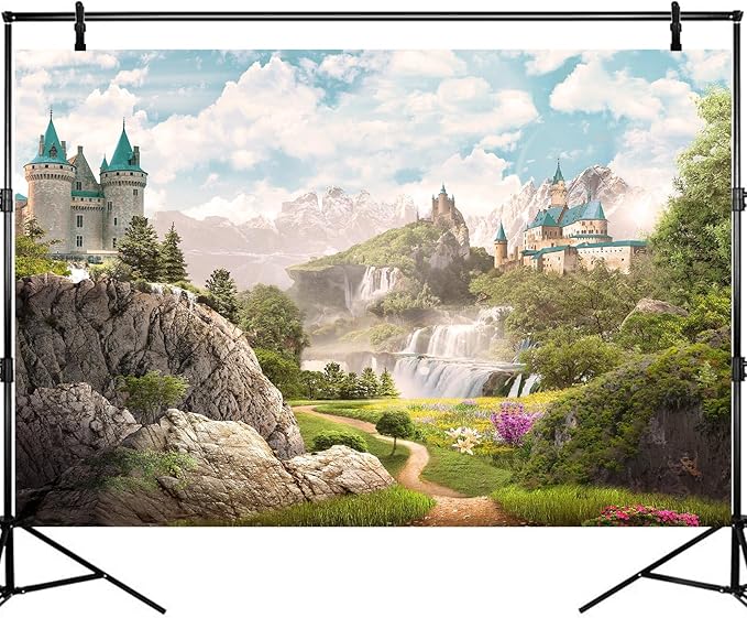 Mountain Waterfall Aquarium Background Rocky Mountains Cascading Falls Fish Tank Background Fantasy Castle Foggy Blue Sky Reptile Tank Backgrounds Meadow Flowers Reptile Enclosure Backgrounds 36x24in