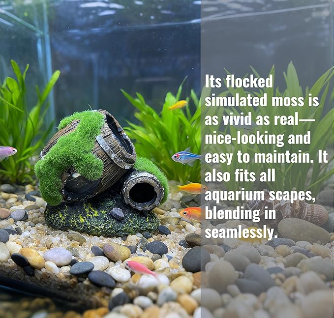 Moss-Covered Twin Broken Barrels Aquarium Decor – Resin Fish Tank Hideout with Artificial Moss for Betta, Shrimp & Small Fish
