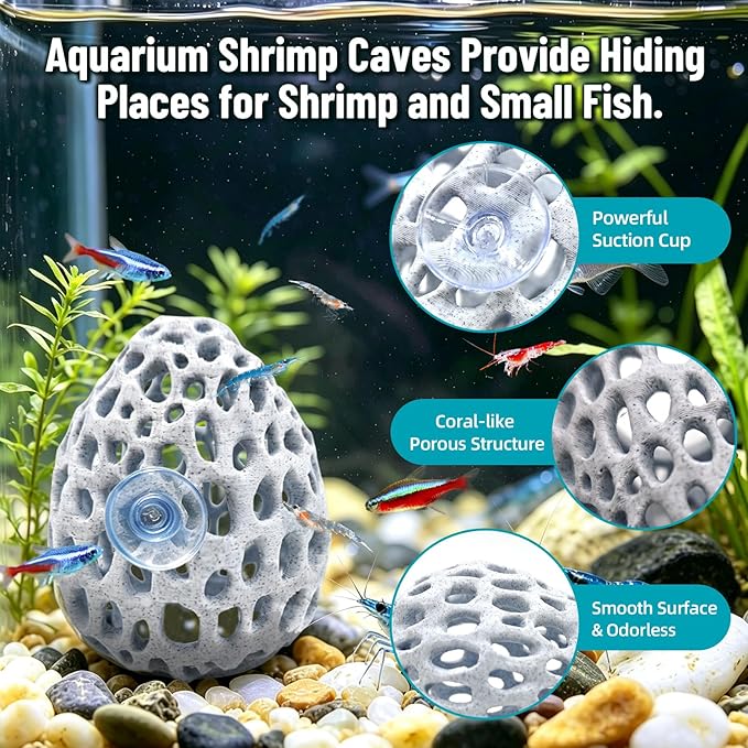 Obfuscate Shrimp Cave,Shrimp Hides for Aquarium,Porous Coral Rock Aquarium Decor with Suction Cup,Fish Tank Hideout for Small Fish,Shrimp and Guppies