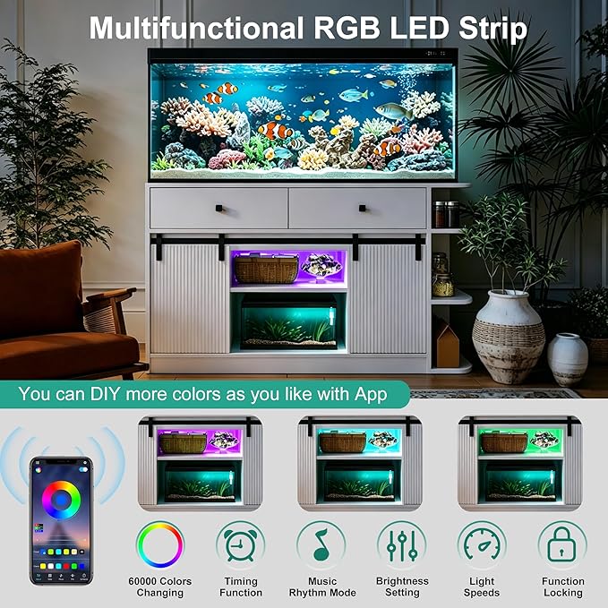 55-75 Gallon Fish Tank Stand with LED Light & Power Outlet, 55.1" Heavy Duty Aquarium Stand with Sliding Fluted Doors, Shelves and Cabinets for Turtle Tank/Reptile Terrarium, 1200LBS Capacity, White
