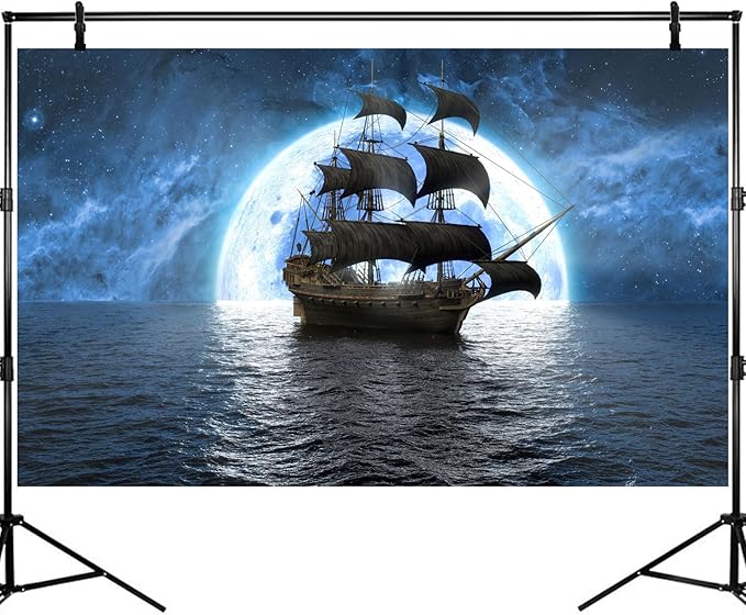 Ocean Sailboat Seascape Aquarium Background Cloudy Blue Night Sky Moon Fish Tank Background Pirate Ship Tranquil Misty Foggy Sea Scenery Terrarium Backgrounds for Tank Backgrounds Decors 36x18in
