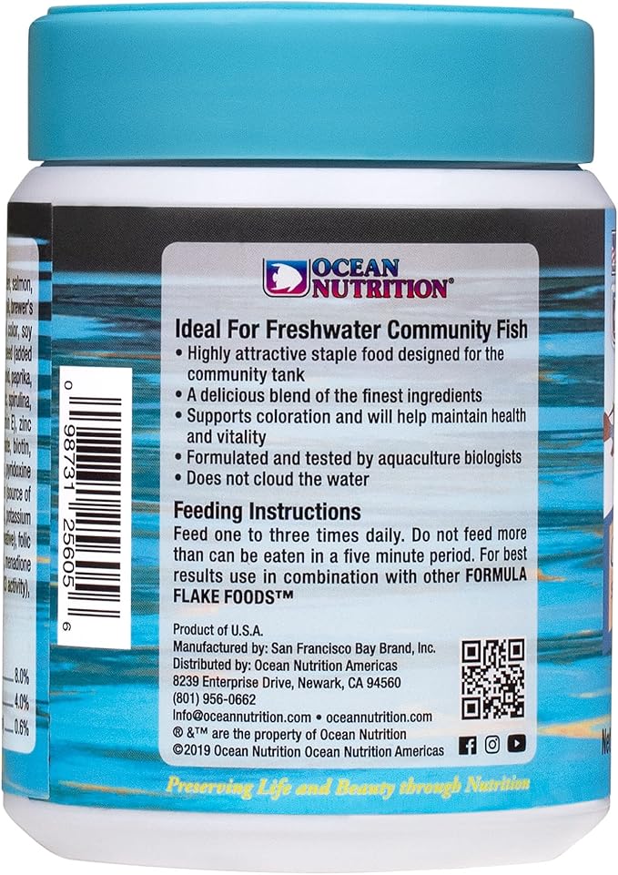 Ocean Nutrition Community Formula Flakes Fish Food - Natural Ingredient Fish Food Flakes for Freshwater Fish - Supports Health & Coloration, Made in USA, 2.5 oz (70 g)