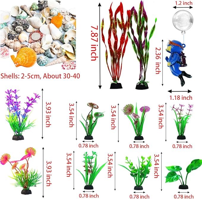 Aquarium Decor Set, Fish Tank Accessories Large Size Resin Sunken Warship Ornament Betta Fish Hideout Cave with 10 Artificial Aquatic Plants, 30-40 Seashells, 1 Floating Diver for Tank Shipwreck Decor