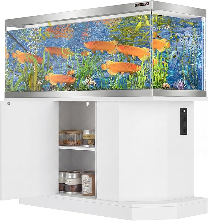 55-75 Gallon Fish Tank Stand with Power Outlet, Modern Heavy Duty Aquarium Stand with Cabinet Storage for Fish Tank/Turtle Tank/Reptile Terrarium, 880LBS Capacity, White
