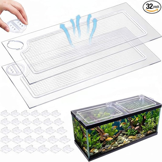 Sieral 2 Pcs Clear Aquarium Canopy and Embedded Network Set with 30 Top Cover Clips Polycarbonate 22.56 x 16.22 x 0.2 Inches for 75/90/110 Gallon Fish Tank Lids with Center Brace Aquariums Cover