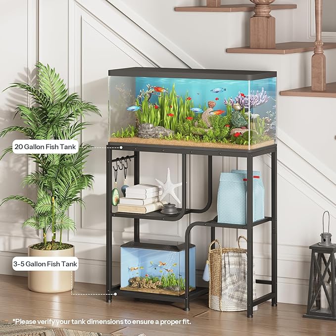 HOOBRO 20 Gallon Fish Tank Stand with Storage Shelves, Heavy Duty Aquarium Stand, Metal Frame Reptile Turtle Tank Stand, 29.9”L x 11.8”W, 220 LBS Capacity, Black BB74FT01