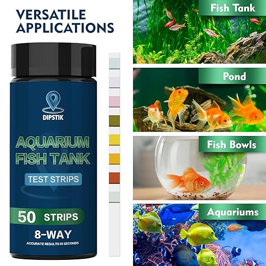 Aquarium Ammonia Test Strips, 8-Way Aquarium Test Kit for Freshwater Saltwater,50 Strips Fish Tank Pond Test Strips,Test Nitrate, Nitrite, Chlorine,Hardness,Alkalinity, Carbonate, Ph