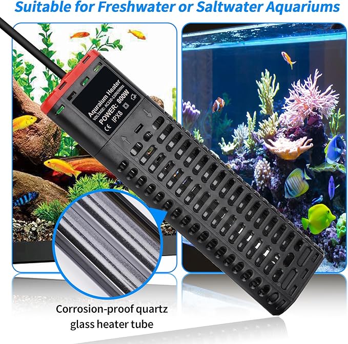 Aquarium Heater 800W Submersible Fish Tank Heater with Double Quartz Tubes and LED Display Temperature Controller for 80-220 Gallon, Suitable for Saltwater and Freshwater