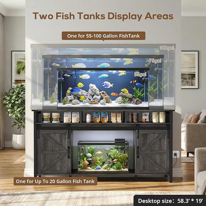 VOWNER 75-120 Gallon Fish Tank Stand with Power Outlet, Farmhouse Aquarium Stand with Storage Cabinet & Sliding Barn Doors, Heavy Duty Reptile Tank Stand, for 2 Tanks, 1000LBS Capacity, Grey