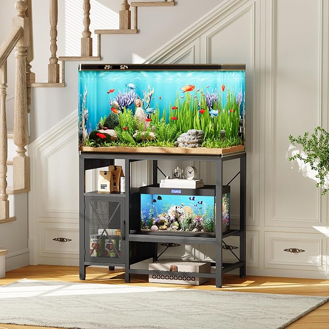 MAHANCRIS 40-50 Gallon Fish Tank Stand, Aquarium Stand with Power Outlet and Storage Cabinet, Heavy Duty Tank Stand Suitable for Turtle Tank, Reptile Terrarium, for Home Office, Black FTBK50E01