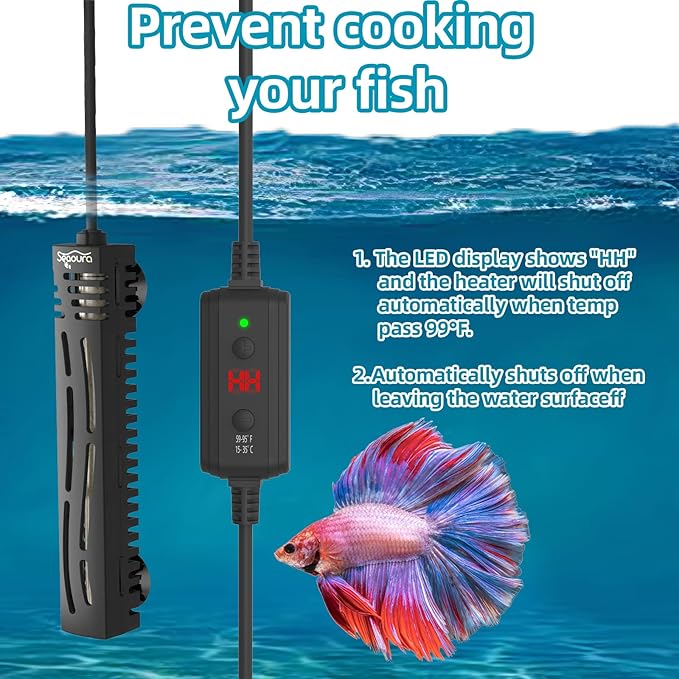 SEAOURA Small Aquarium Heater, 50W Mini Fish Tank Heater, Adjustable Submersible Aquarium Heater with External Digital Controller for Turtle, Betta, Freshwater, Saltwater, 5-15 Gallon