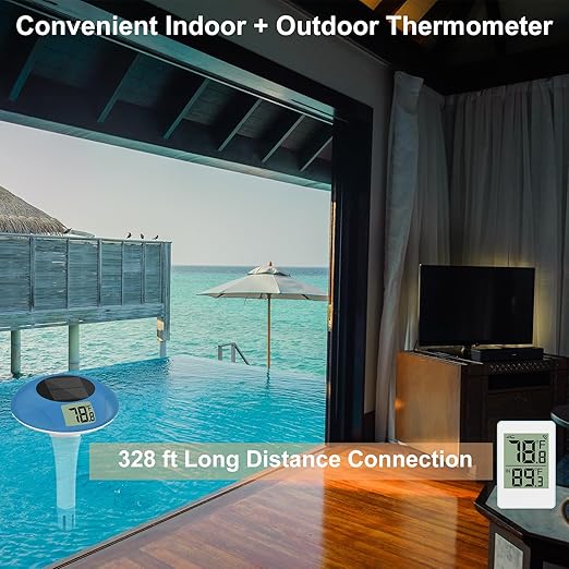 Wireless Pool Thermometer, Digital Pool Thermometer Floating Easy Read–IPX8 Waterproof Solar Temperature Gauge for Pond, 328 Feet Long Connection
