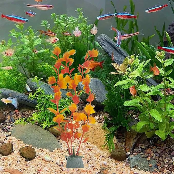 6PCS 10 Inches Tall Orange Seaweed Grass Artificial Aquarium Plants, Plastic Fish Tank Decorations for Freshwater and Saltwater Tanks