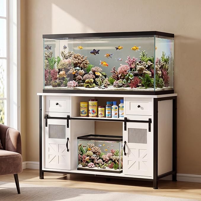 Petrova 55-75 Gallon Fish Tank Stand with Power Outlet, Metal Double Aquarium Stand with Storage Cabinet and Sliding Barn Door, Heavy Duty Reptile Tank Stand, 48" L* 20"W Tabletop, 900LBS Capacity, White