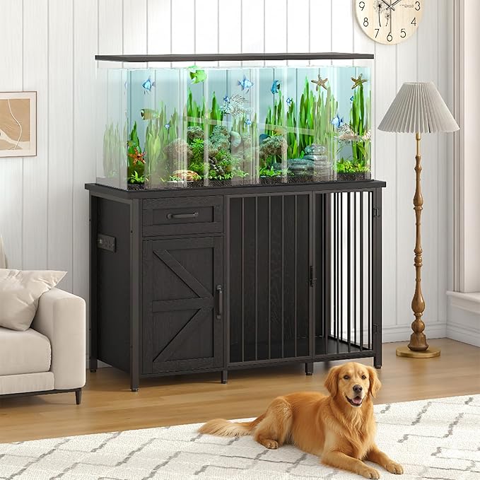 kepptory 55-75 Gallon Fish Tank Stand with Dog Crate, Multifunctional Aquarium Stand with Cabinet and Power Outlets for Larger Aquariums and Versatile Use (Black)