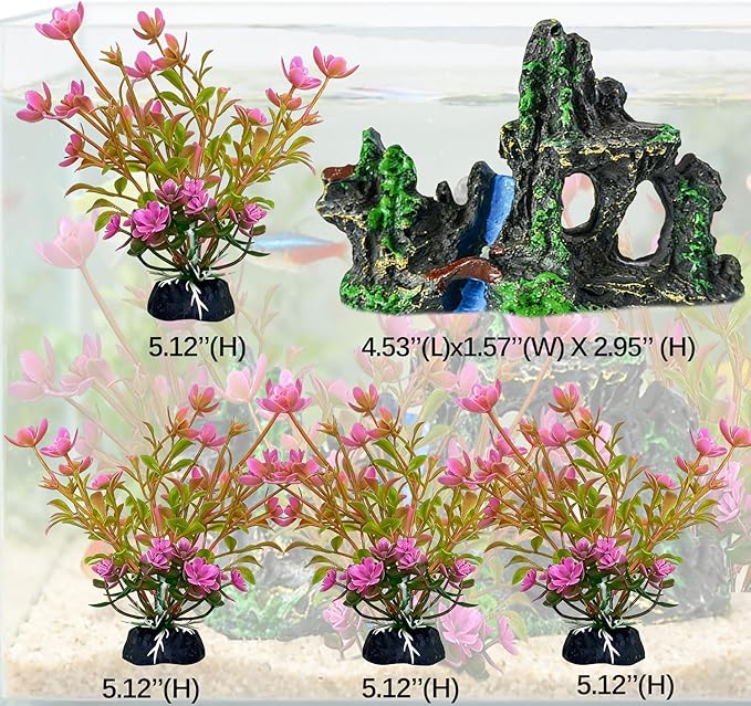 4 PCs Artificial Aquarium Plants with Rock Cave Ornament Set, Small Aquarium Decor Set, Plastic Aquatic Plants for Betta Fish, Fish Tank Decorations Accessories for Freshwater Aquarium