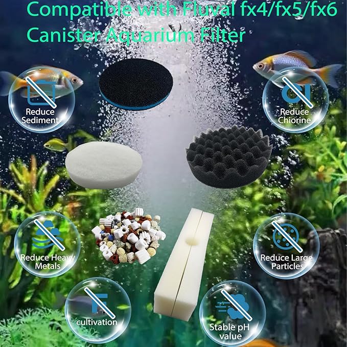 26 Piece Fx6 Canister Filter Media Kit Replacement Compatible with Fluval Fx4/Fx5/Fx6 Aquarium Filters Including Upgraded 3-in-1 Carbon Pad, Bio Foam, Carbon Sponge Filter, Ceramic Rings