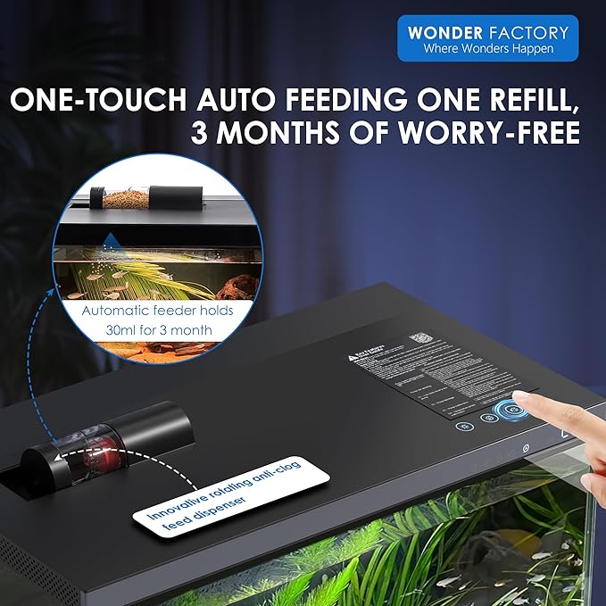 Wonderfactory Smart Aquarium 5 Gallon Glass Fish Tank, Self Cleaning System Efficiency Filter 7 Color LED Lights Automatic Feeder Temperature Display Monitor HD UHA Glass, Smart Control with Apps