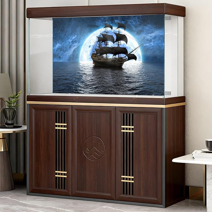 Ocean Sailboat Seascape Aquarium Background Cloudy Blue Night Sky Moon Fish Tank Background Pirate Ship Tranquil Misty Foggy Sea Scenery Terrarium Backgrounds for Tank Backgrounds Decors 48x24in