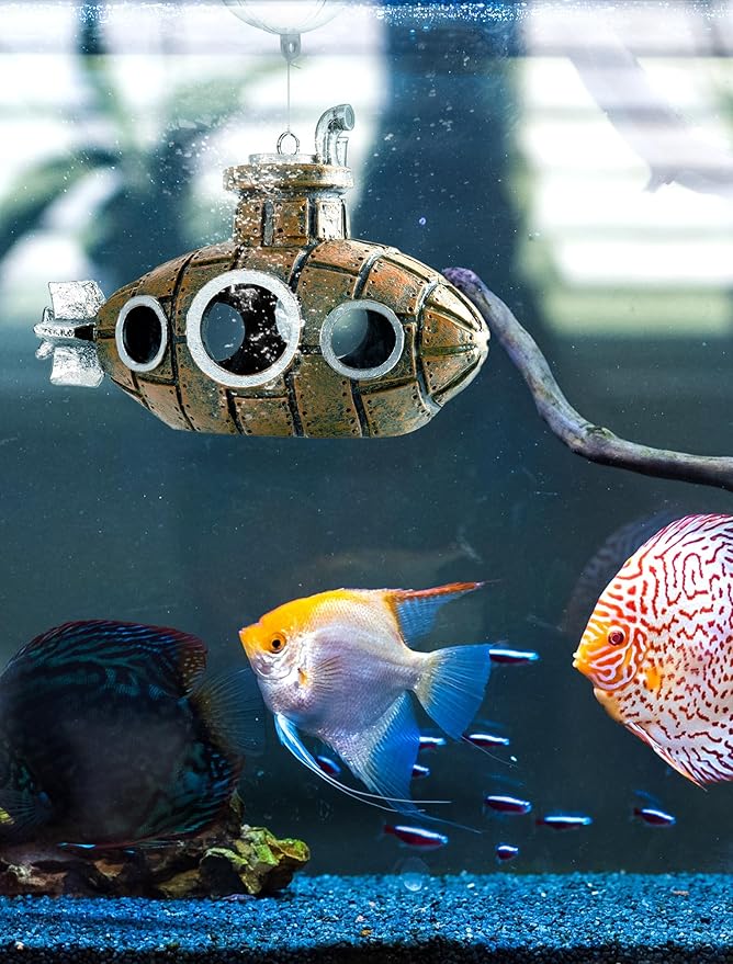 Floating Fish Tank Decoration, Little Cute Retro Submarine Aquarium Decoration with Two Float Balls, Resinous Fish Tank Accessorie, Safe Fish Toy for Betta Cichlid Goldfish Shrimps Hermit Crabs