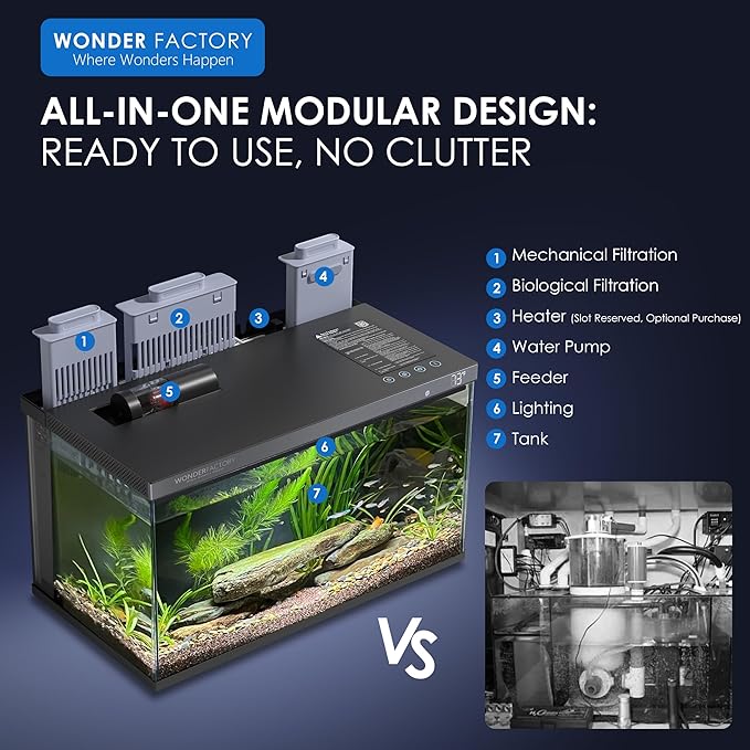 Wonderfactory Smart Aquarium 5 Gallon Glass Fish Tank, Self Cleaning System Efficiency Filter 7 Color LED Lights Automatic Feeder Temperature Display Monitor HD UHA Glass, Smart Control with Apps