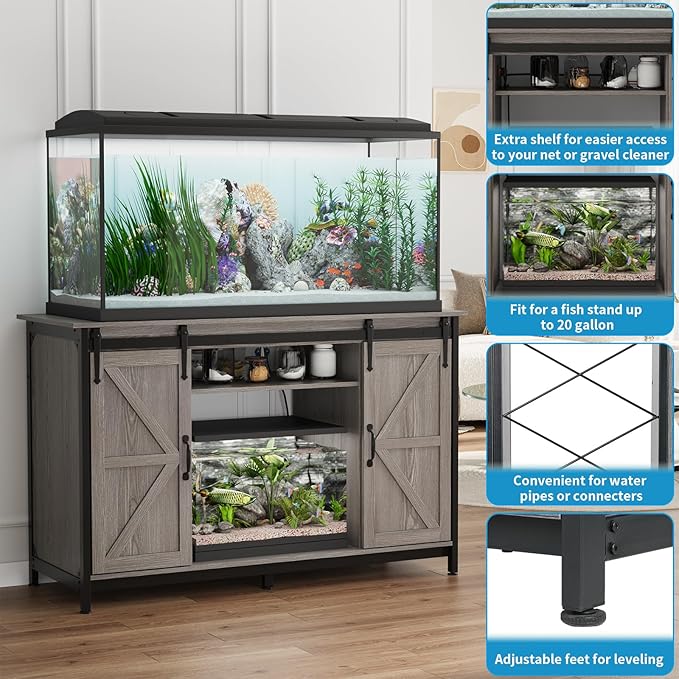 VOWNER Farmhouse 55-75 Gallon Fish Tank Stand with Power Outlet, Aquarium Stand with Storage Cabinet and Sliding Barn Door, Heavy Duty Reptile Tank Stand, for 2 Tanks, 1000LBS Capacity, Grey