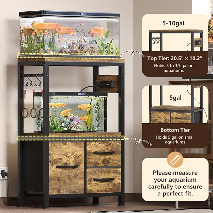Heybly 5-10 Gallon Fish Tank Stand, Aquarium Stand with Drawer, Power Outlet, Heavy Duty Metal Frame, for Fish Tank, Turtle & Reptile Terrarium, 20.5" × 10.2" Top, 200lbs, Rustic Brown HAS002SSR