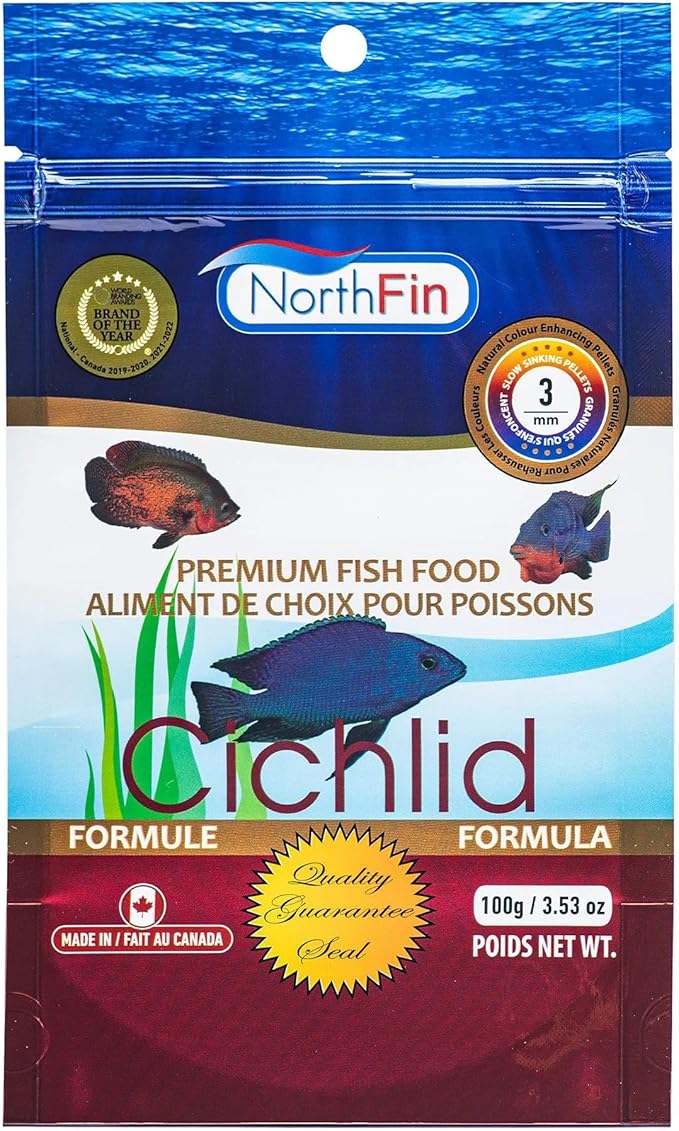 Northfin Cichlid Formula Fish Food – Slow Sinking Pellets for Cichlids (3mm, 100g) | Premium High-Protein, All-Natural Cichlid Diet to Enhance Color & Growth – No Fillers, No Hormones, Made in Canada
