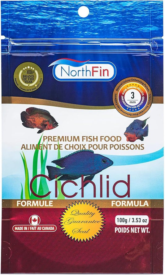 Northfin Cichlid Formula Fish Food – Slow Sinking Pellets for Cichlids (3mm, 100g) | Premium High-Protein, All-Natural Cichlid Diet to Enhance Color & Growth – No Fillers, No Hormones, Made in Canada