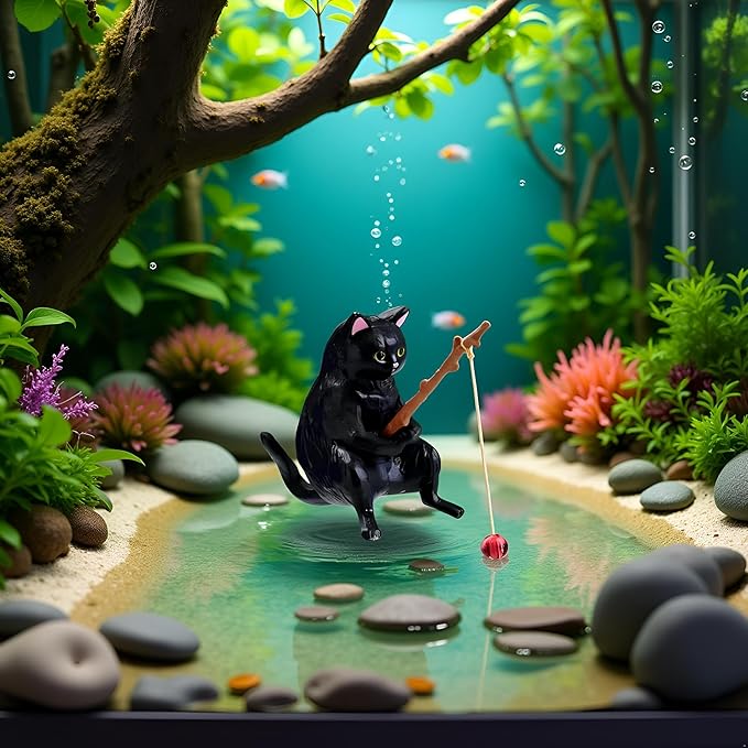 1pc Black Landscaping Cartoon Fishing Cat Ornaments,Household Supplies Home Office Decorations,Cute Fishing Cat Figurine Ornaments Aquarium Fish Tank Decor,Aquarium Accessories
