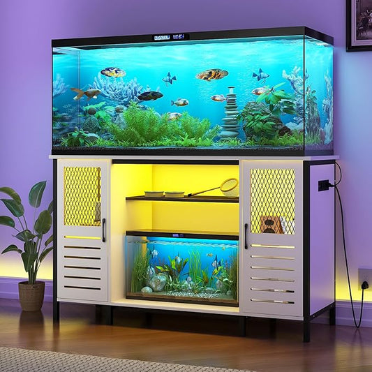 BREEZEHEAT Fish Tank Stand with Power Outlet, LED Light, 1250lbs Capacity, Heavy Duty Metal 55-75 Gallon Aquarium Stand with Cabinet, Terrarium stand Suitable for Turtle & Reptile Tank, White