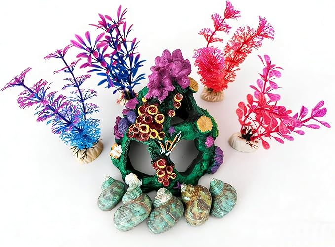 10PCS Fish Tank Decorations Coral Aquarium Decor, Resin Coral Mountain Cave Fish House, Betta Fish Hideout for Rest Hide Play Breed, Aquarium Decor Accessories with Plants