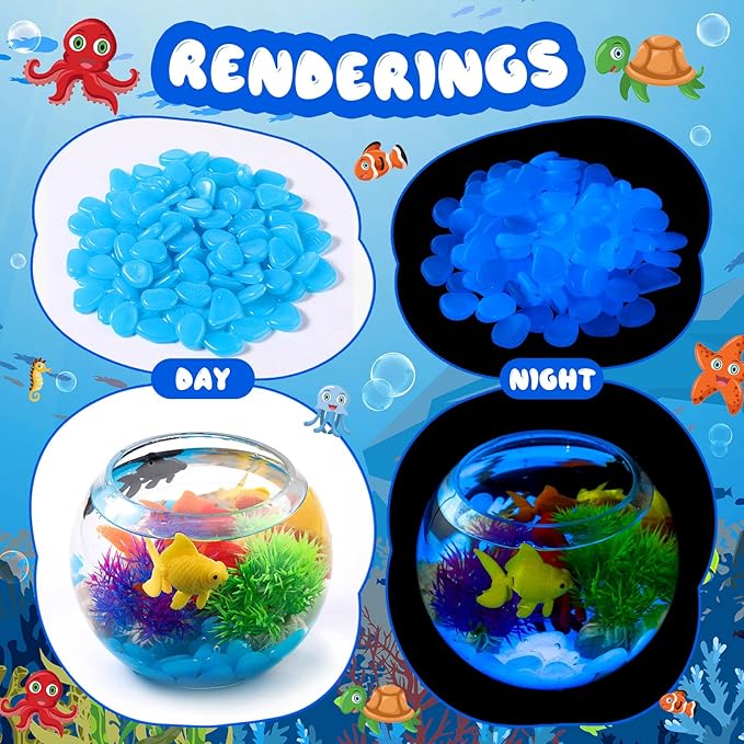 Jexine 100 Pcs Fish Tank Rocks Glow Blue, Fish Tank Stones Accessories Gravel with 10 Pack Artificial Aquatic Plants Coral Reef Decorations for Aquariums